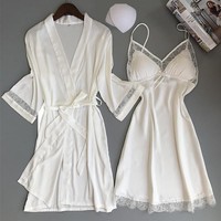 Sexy kobiety Rayon Kimono szlafrok biała panna młoda druhna suknia ślubna zestaw koronki wykończenia bielizna nocna Casual ubrania domowe bielizna nocna